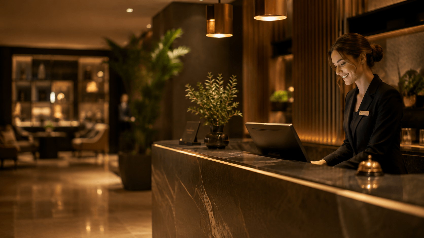 Moderne Hotelrezeption mit Mitarbeiterin